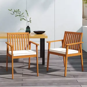COSTWAY - 2 Pieces Patio Dining Chairs Outdoor Acacia Wood Chairs with Removable Padded Cushion-Natural