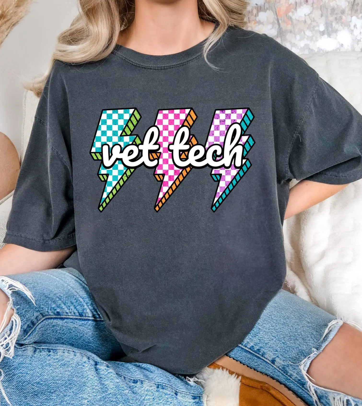 Vet Tech Checkered Shirt, Veterinary Medicine Checkered t-shirt , Comfort Colors, 90s Colors Shirt, Lightning Bolt Shirt, Retro Vet Tech Tee Cotton Top
