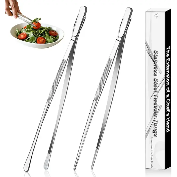 2 Pcs 12-Inch Stainless Steel Kitchen Tweezers, Dual-Tip Serrated Tongs with Hook - Heat-Resistant Non-Slip Cooking Tweezers for BBQ, Grilling, Plating & Serving