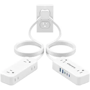 Split Extension Cord 10FT (5FT on Each Side), Single Flat Plug  Extension Cord with 4 AC Outlets, 2 USB-A & 3 USB-C(24W/4.8A), Nightstand  Station for Bedroom Dorm Room , His and Hers