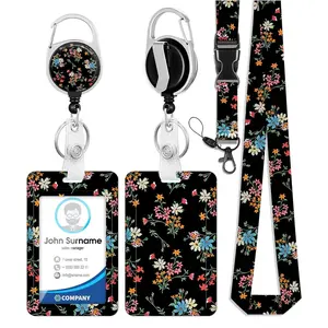 Floral Pattern ID Badge Holder, 1 Count Card Holder with Retractable Badge Reel & Detachable Lanyard, Fashion Name Badge Holder for Office Worker Hospital Outdoor School, Removable Cardholder