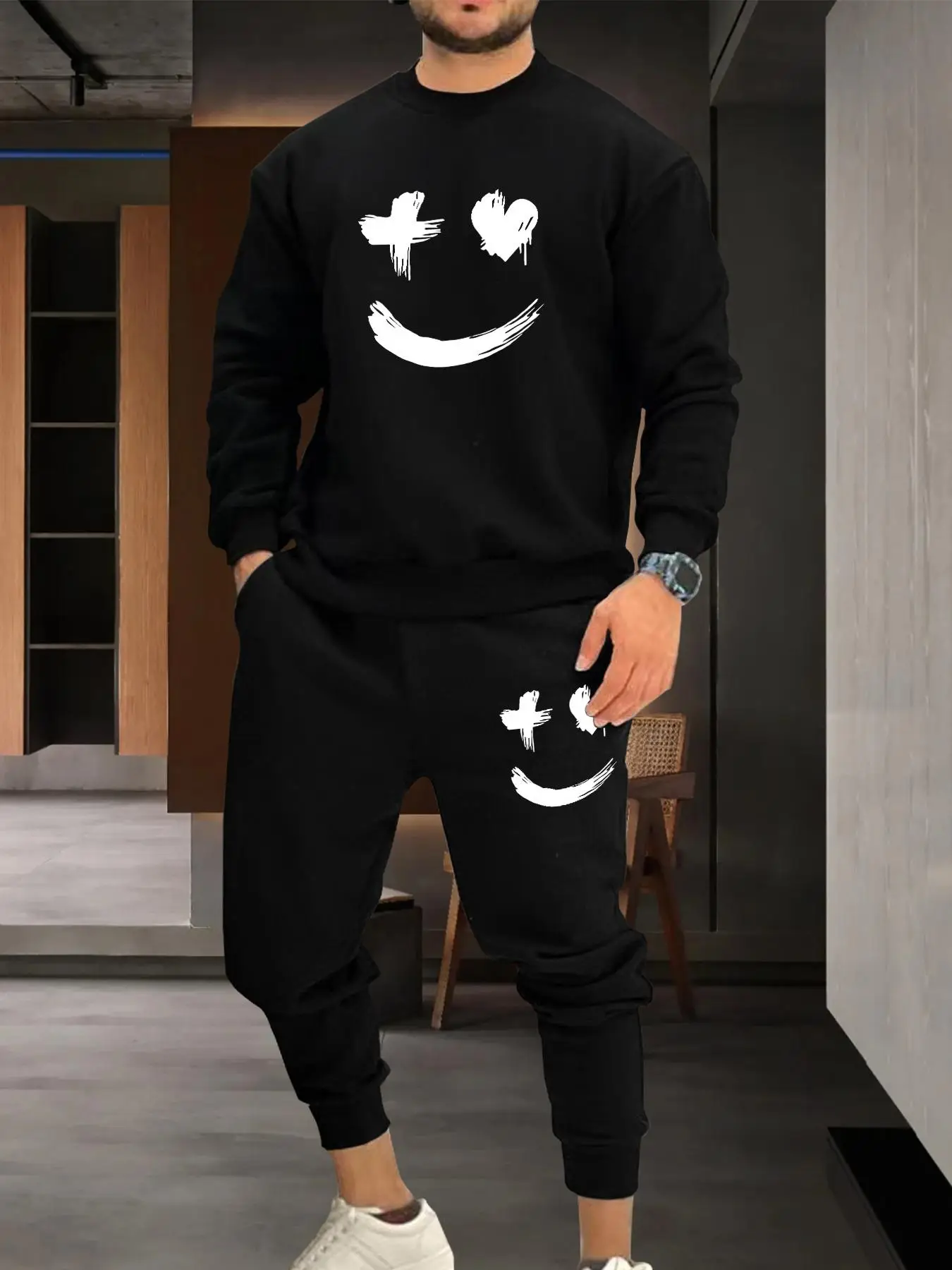 Men's Expression Graphic Two-Piece Set, Stylish Regular Fit Drop Shoulder Pullover & Elastic Waist Sweatpants Set, Men's Outfits for Spring Fall