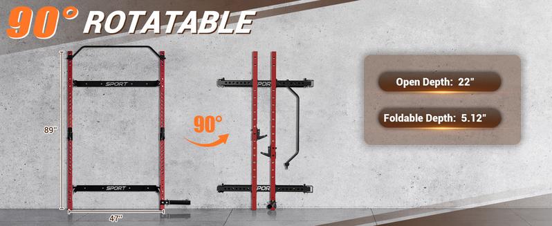 GARVEE Folding Squat Rack with 1000LBS Capacity, Wall Mounted Design, Includes Pull Up Bar, J Hook, and Landmine Attachment for Versatile Home Gym Workouts and Space-Saving Solutions.