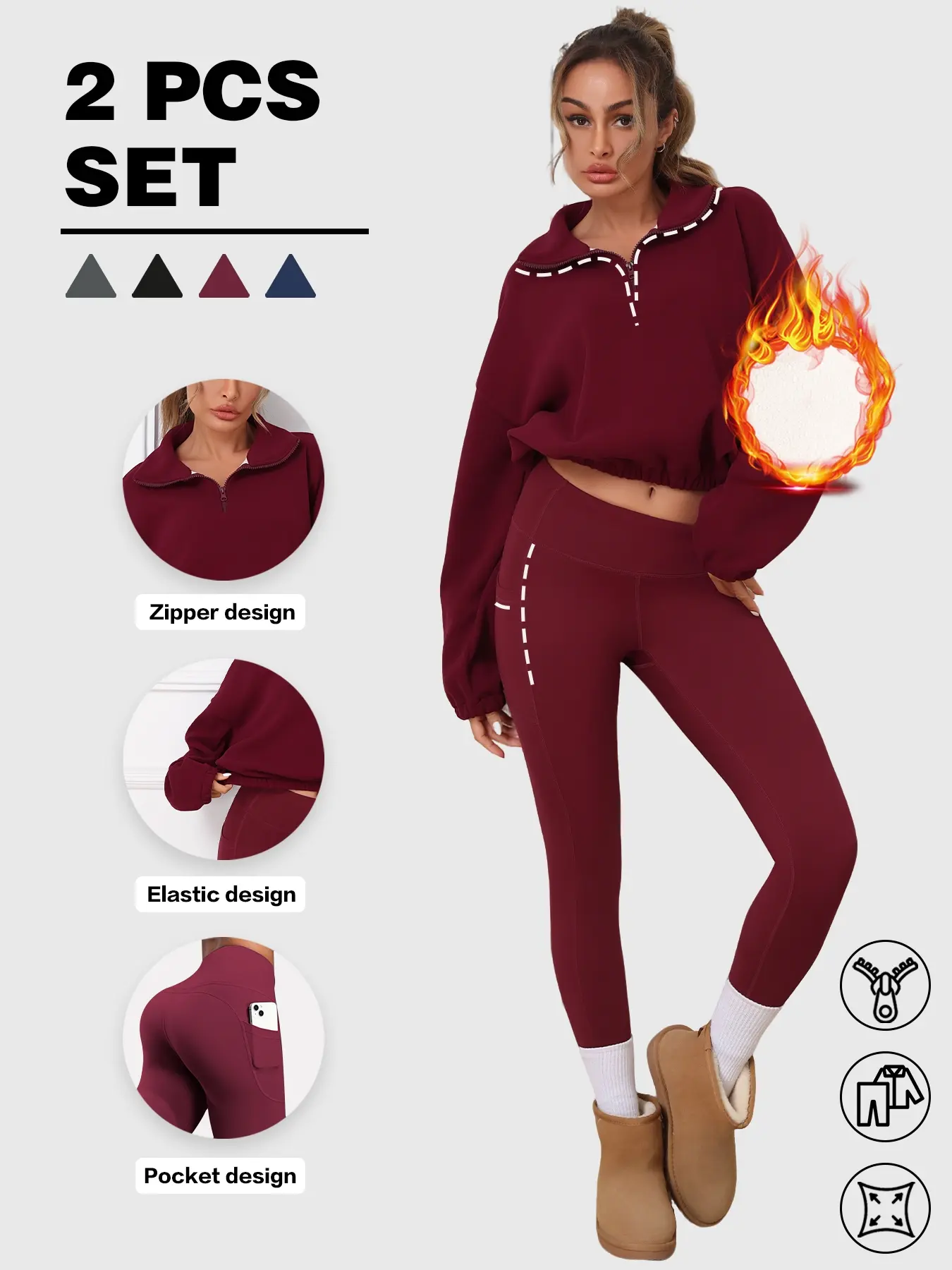 Women's Two-Piece Sports Set, Half-Zip Fleece Sweatshirt，High-Waist Compression Pants, Breathable Comfort for Yoga Fitness Fall Winter