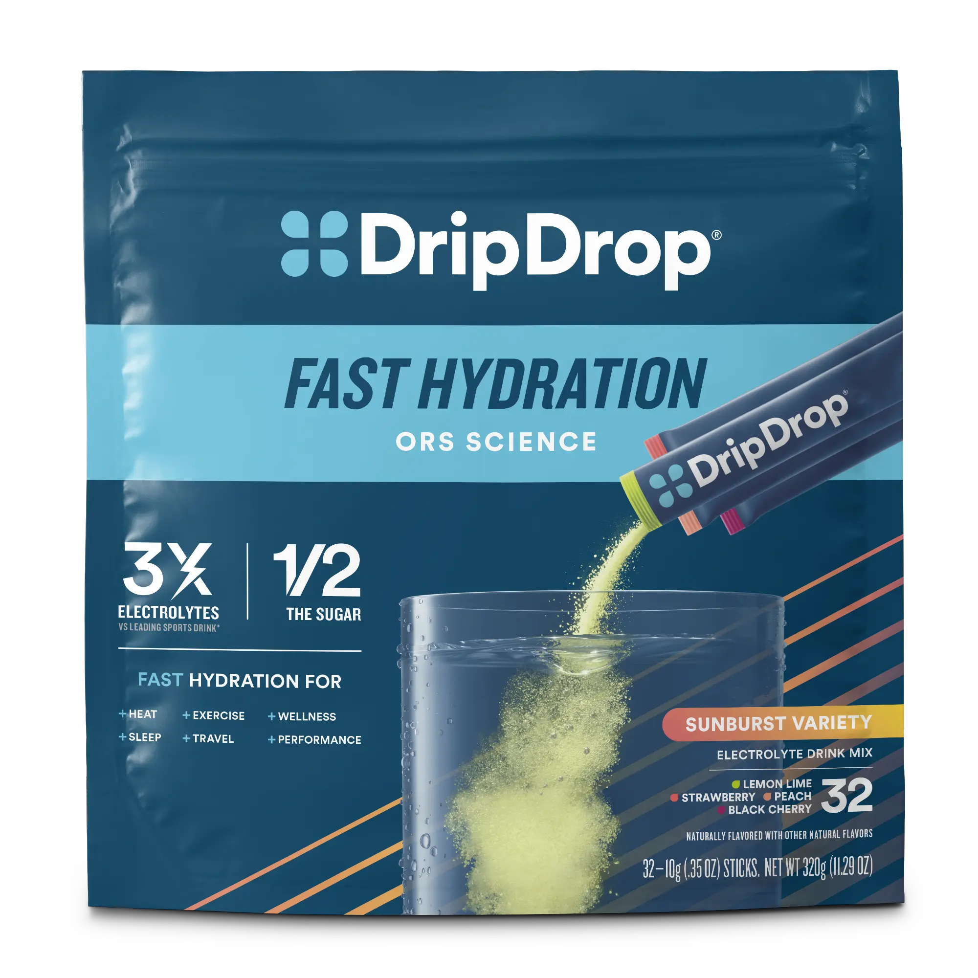 DripDrop Sunburst Variety Pack Electrolyte Powder, 8 oz sticks, 32 count