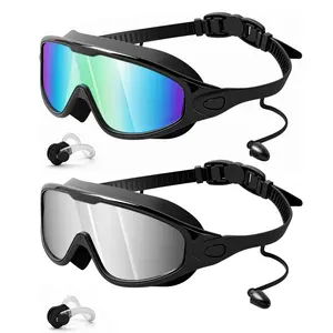 2-Pack Swim Goggles with Earplugs & Nose Clip, Wide View Anti Fog&UV Swimming Goggles for Audlt, No Leaking Swim Glasses for Men Women Kids