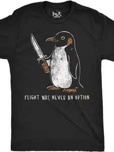 Men's Funny Penguin T-Shirt "Flying Was Never an Option" Sarcastic Graphic Tee - Vintage Crew Neck Short Sleeve Shirt with Penguin, Slight Stretch Fabric Suitable for Adults, Gym, Training & Casual Wear, Machine Washable Novelty Top