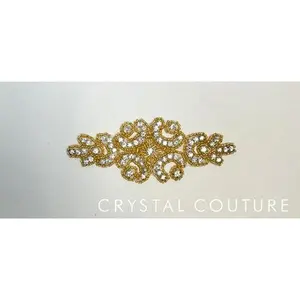 Gold Crystal Beaded Applique - White Backing