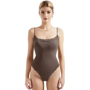 Women Square Neck Lace Bodysuit Sleeveless Spaghetti Strap Tank Top