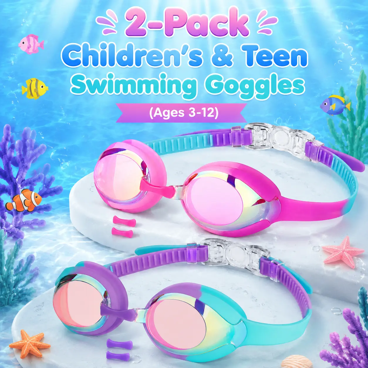 Children's Swimming Goggles 3-12 Years UVA/UVB Protection, Anti-Fog, Waterproof, Leak-Proof Silicone Gaskets, 1-Piece Design, Ideal for Training & Leisure Sports