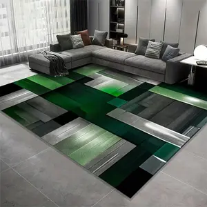 Luxurious Thickened Soft Rectangular Polyester Velvet Rug, Modern Minimalist Style Geometric Square Pattern Carpet, Green Gray Black Color Matching, Machine Washable, Non-Slip Backing, Lightweight Durable, Soft And Comfortable