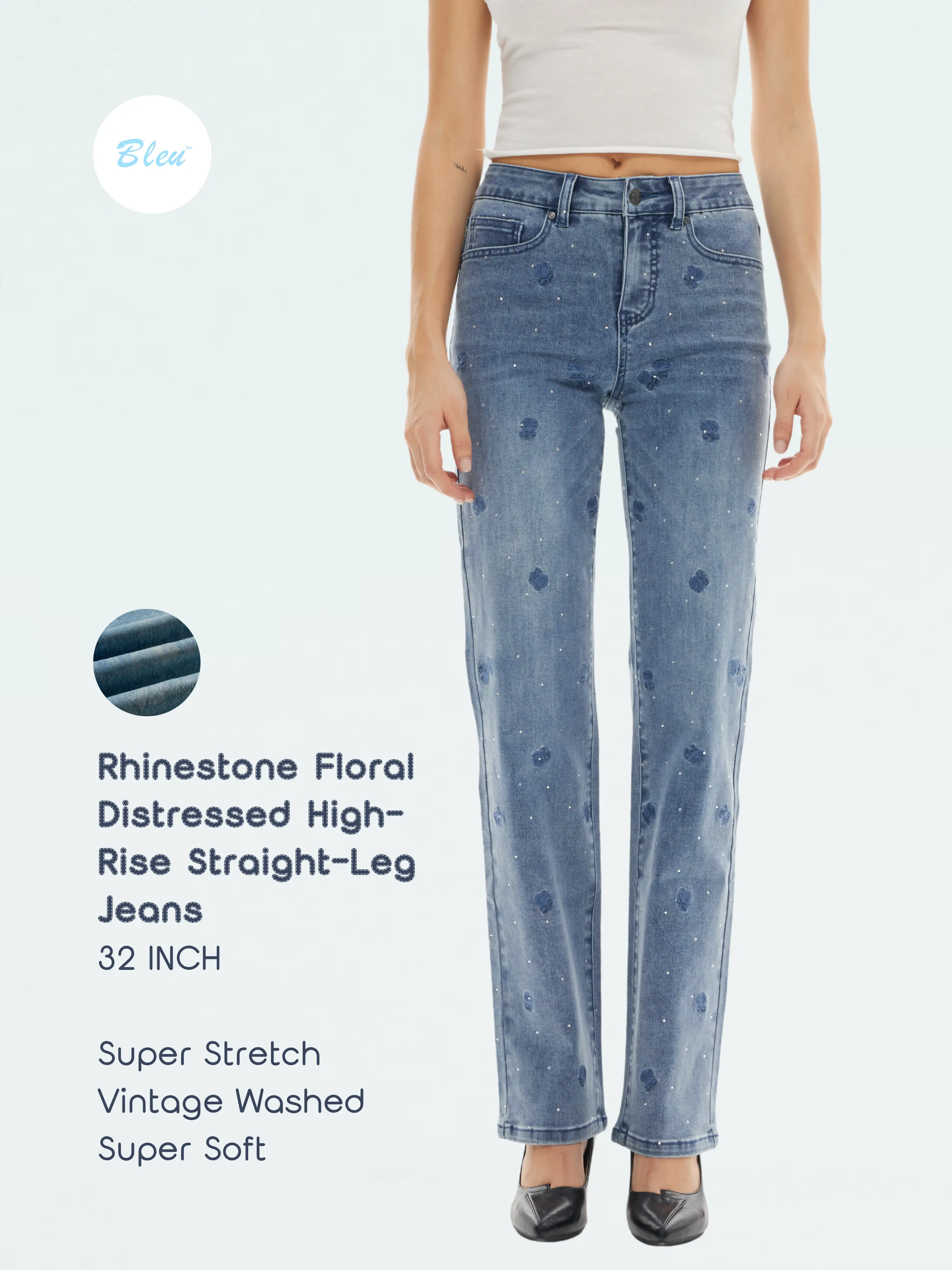 [BTTW007]Rhinestone Florol Distressed High-Rise Stroight-Leg Jeans 32 INCH Super Stretch Vintoge Woshed Super Soft