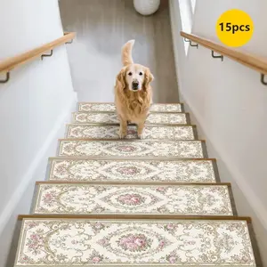 15pc European Pattern Stair Mats Non-Slip Durable Home Carpet, Rose Design Decorative Stair Treads Protection Pad Jit Floor Mat