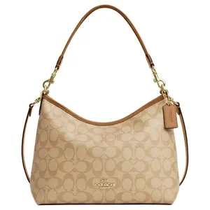 COACH Laurel 31 Commuter Tote Bag for Women – Detachable Strap, Crossbody or Shoulder Style, Coated Canvas and Leather, Large Size, Light Khaki