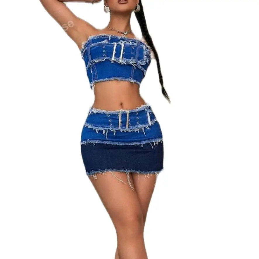 Vintage Colorblock Tube Top & Bodycon Mini Denim Skirt Party Set for Women - Overalls, Womenswear