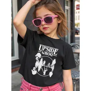 Young Girl's Stranger Things Christmas Stranger Hawkins Style Upside Down Things Graphic Cotton T-Shirt For Young Girls, Perfect Christmas Gifts Hawkins Fans Perfect Christmas Gifts Hawkins Fans Black Shirts For Holiday Stranger Christmas Young Girls T-Sh