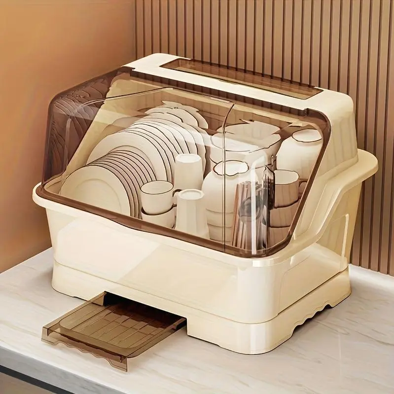 2025 Upgraded Version of The Covered Cutlery Storage Rack - a Space-Saving Countertop And Cabinet Organizer | Fresh Cream-Colored Cutlery Storage Box with Draining Tray | Dust-Proof Design for Easy Installation