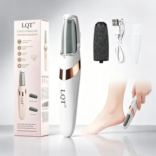 LQT Rechargeable Electric Foot File | USB Powered At-Home Pedicure Device with Extra Replacement Roller Heads, Softens Dry Flaky & Cracked Heels for Silky Smooth Soles
