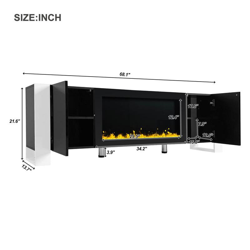 Modern TV Stand with 34.2" Non-Heating Electric Fireplace, High Gloss Entertainment Center with 2 Cabinets, Media Console for TVs up to 78" (Black)