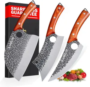 SliceElite Heritage Forge 3 Piece BBQ Knife Set Butcher Knife Set with Handle Lanyard Holes Serbian Chef Knife Meat Cleaver Viking Knife High Carbon Stainless Steel Full Tang Sandalwood Handles