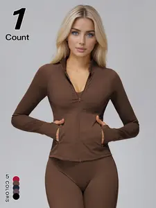 Women's Fall Winter Stand Collar Zipper Jacket, Outdoor Sports Coat, Fitness Yoga Jacket Top Casual K Pocket Sport Outerwear, Fitted Below the Knee