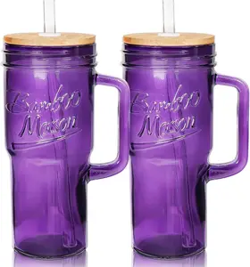 ANOTION Valentines Gift 24oz Glass Cups with Handle, Glass Cups with Lids and Straws Travel Coffee Mug Bamboo Mason Jar Iced Cup Smoothie Tea Cute Water Drinking Jars , Purple