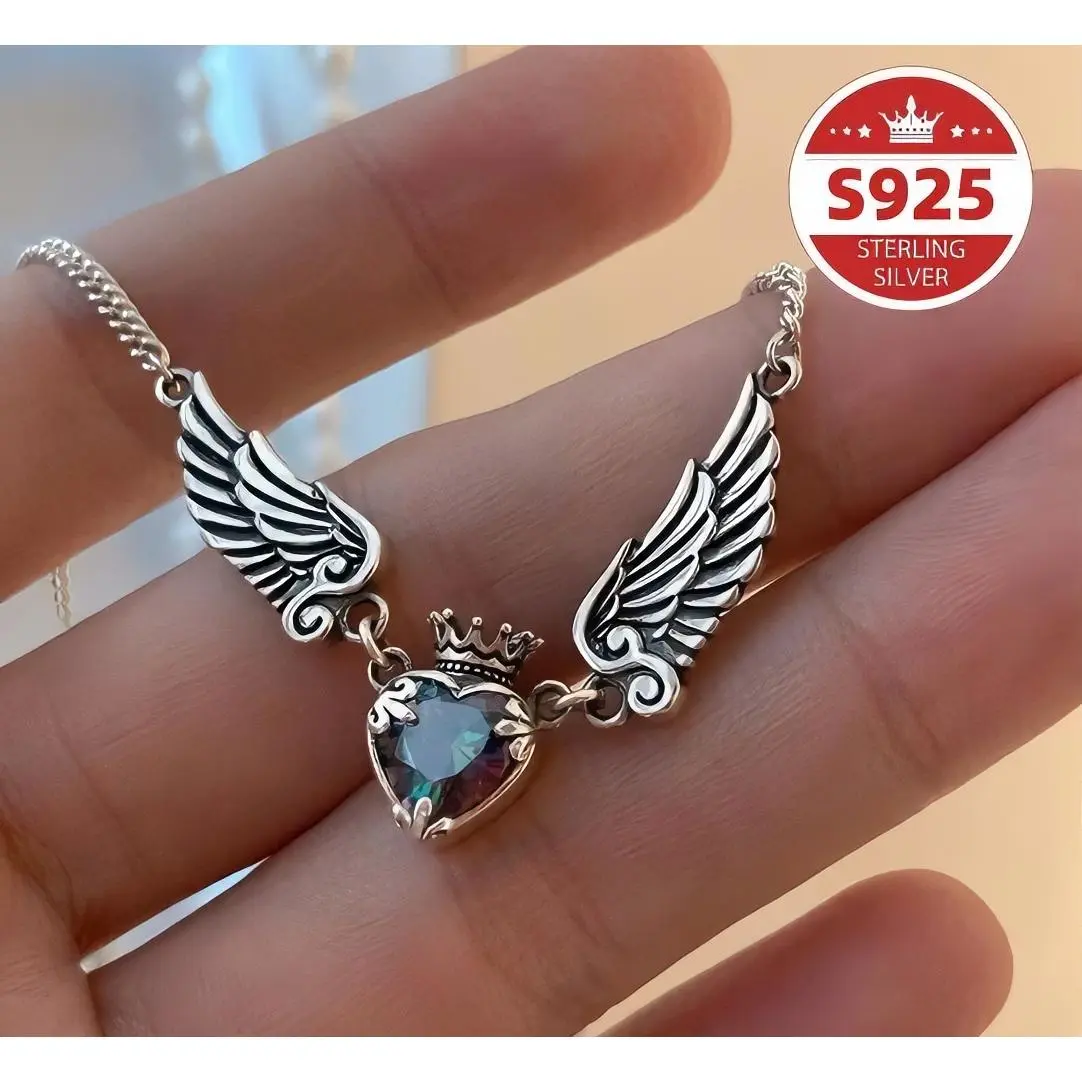 S925 Sterling Silver Winged Heart and Crown Necklace for Women
