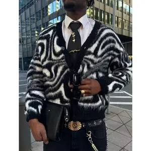 Casual Loose V-Neck Button-Up Cardigan, Zebra Print, Streetwear Style Unisex Top, Suitable For Spring, Autumn, Winter