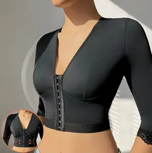 Women's Arm Compression Bra Tummy Control Post Surgery Arm Lipo Shaper 3/4 Sleeves with Lace Arm Front Hook Closure Shapewear Bra