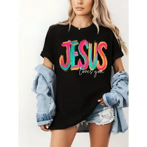 Womens Graphic Short Sleeve Tee Vintage Wash Crewneck Casual Summer Top Colorful Brushstroke Jesus Loves You Faith Church Sunday Outfit