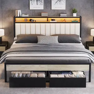 AMERLIFE Bed Frame with LED Light and 2 Storage Drawers, Metal Platform Bed with Storage Headboard, Velvet Upholstered, Heavy-Duty Slats, No Box Spring Needed, Easy Assembly