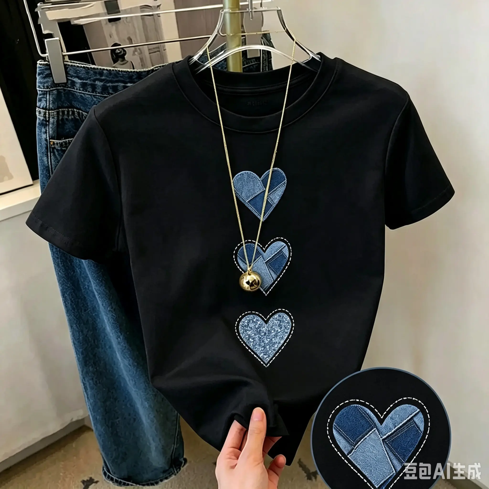 Unisex Graphic T Shirt Denim Heart Print Summer Cotton Tshirt Women Short Sleeve Casual Retro Streetwear Top Women Summer Fashion Tshirt