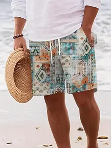 Men's Multicolor Irregular Patchwork Casual Fitted Shorts, Simple Vacation Style, Perfect for Beach Vacations and Summer Daily Wear