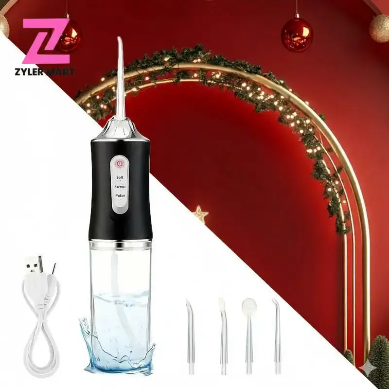 Z ZYLER MART Cordless Water Flosser - Rechargeable Plastic Dental Floss Machine, 10.55 oz, 2.48 x 2.48 x 8.66 in, 3 Modes, 4 Nozzles, Compact Travel-Friendly Oral Irrigator for Adult Daily Teeth Cleansing (Batteries Included)
