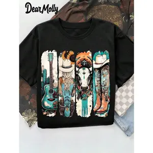 DEAR MOLLY Women's Western Style Element Graphic Print Round Neck Short Sleeve T-Shirt, Suitable For Casual Daily And Outdoor Wear, All Seasons