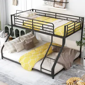 Metal Bunk Beds Twin Over Full Size, Heavy Duty Bunk Bed for Teens Adults with Ladder & High Guardrails, Space Saving Metal Bunk Bed for Dorm, Bedroom, Apartment, No Box Spring Needed
