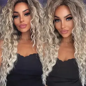 Woolook Elegant Ombre Ash Blonde Brown Curly Lace Glueless Wig Long Wavy Middle Part Natural Looking Dark Roots Synthetic Wigs For Women Party Wig Costume Party Or Daily Use 28 Inches