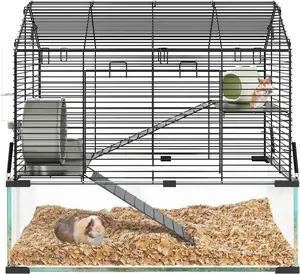 3 Tiers Large Hamster Enclosure, Metal Enclosure + Glass Gerbil Cages, Small Animal Cages for Guinea Pigs - with Running Wheel, Water Bottle, Food Bowl, Ramps, Ceramic Hideout