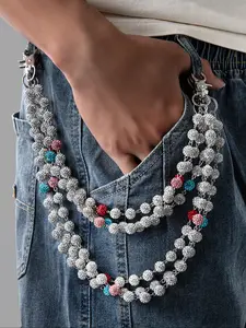 Men's Fashion Hip Hop Style Soft Clay Round Ball Colorful Zirconia Belt Chain, Dual Layer Denim Jeans Pendant Accessory