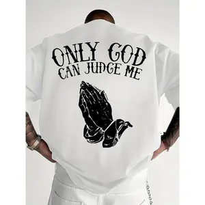 Mens Religious Graphic T Shirt BACK PRINT Only God Can Judge Me Prayer Hands Streetwear Tee Soft Breathable Fabric White Shirt Church Casual Attire Machine Washable Faith Based Apparel Temple Themed Design Comfortable Fit