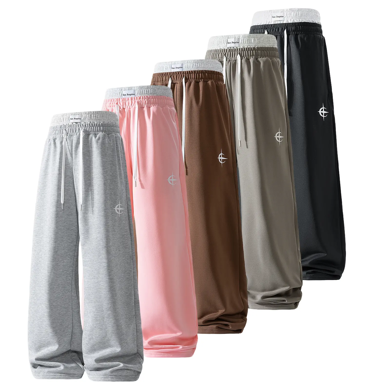 Men’s Polyester Faux Print 2-Piece Baggy Sweatpants - Double-Layered Elastic Band Waistband with Drawstring, Fluid Drape, Straight-Cut Casual Sport Long Pants