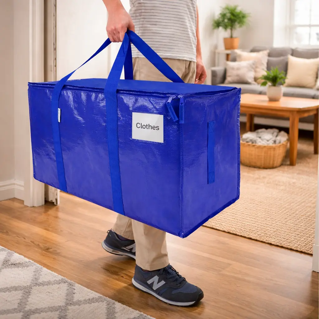6-Pack Extra Large Heavy-Duty Eco-Friendly Polyethylene Home Organiser Moving Totes - Zippered, Long Carrying Handles, Label Pocket, Foldable Waterproof Storage Bags (27"w x14"h x15"d) for Clothes, Comforters, Space Saving