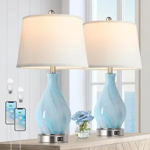 Modern Accent Table Lamp Set of 2 Touch Control, 22" Faded Swirl Blue Gray Art Glass Bedside Lamp with USB Ports, 3-Way Dimmable Hand Crafted Nightstand Lamps White Drum Shade for Living Room