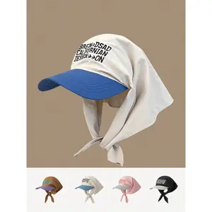 1pc Quick-Dry Patchwork Cap With Letter Embroidery & Brimmed Design Outdoor Anti-UV Neck Protection Sun Cap Suitable For Climbing, Cycling, Casual Wear, Beaches, Vacations, Daily Use