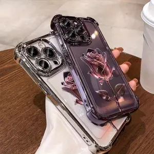 Pink rose electroplating pattern, anti-drop, non-slip TPU mobile phone protective case, suitable for iPhone 16 15 14 13 12 11 XS X and other series models, can be given as a gift to boys or girls unique phone case Ultra Thin Magnetic Wireless Charging