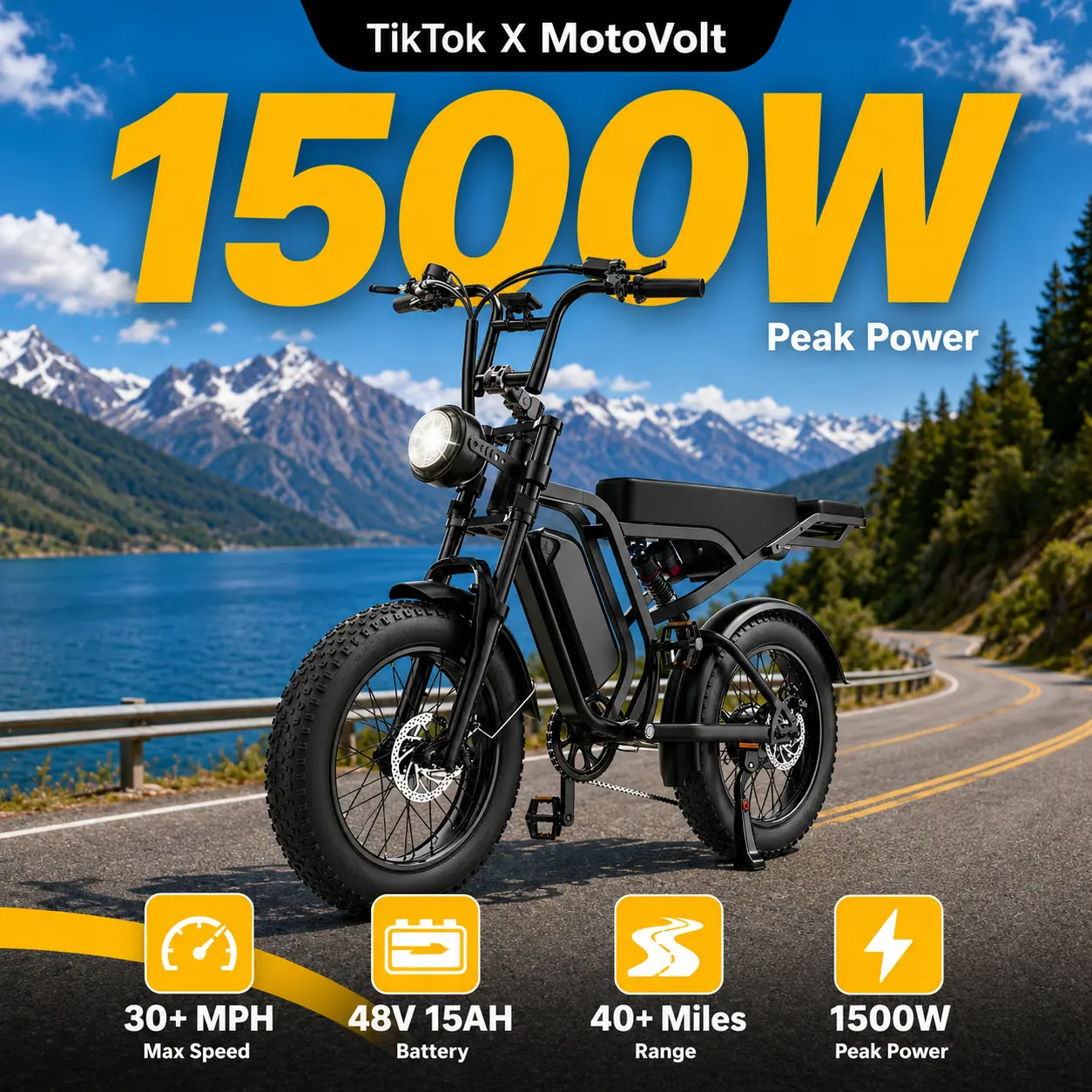 Adult Electric Commuter Bike, 1500W Peak Motor, 48V 15Ah Battery, 30+ MPH Speed, 40+ mi Range, 20×4.0 Fat Tires, Full Suspension