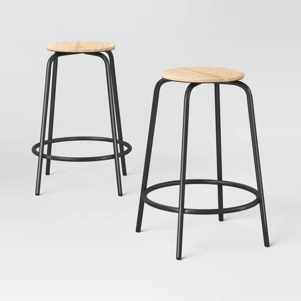 Set of 2 24" Wood with and Metal Base Backless Counter Height Barstool Stool Natural - Room Essentials Set of 2 24" Wood with and Metal Base Backless Counter Height Barstool Stool Natural - Room Essentials
