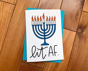 Handmade Menorah Lit AF Funny Hanukkah Card by StoneDonut Design