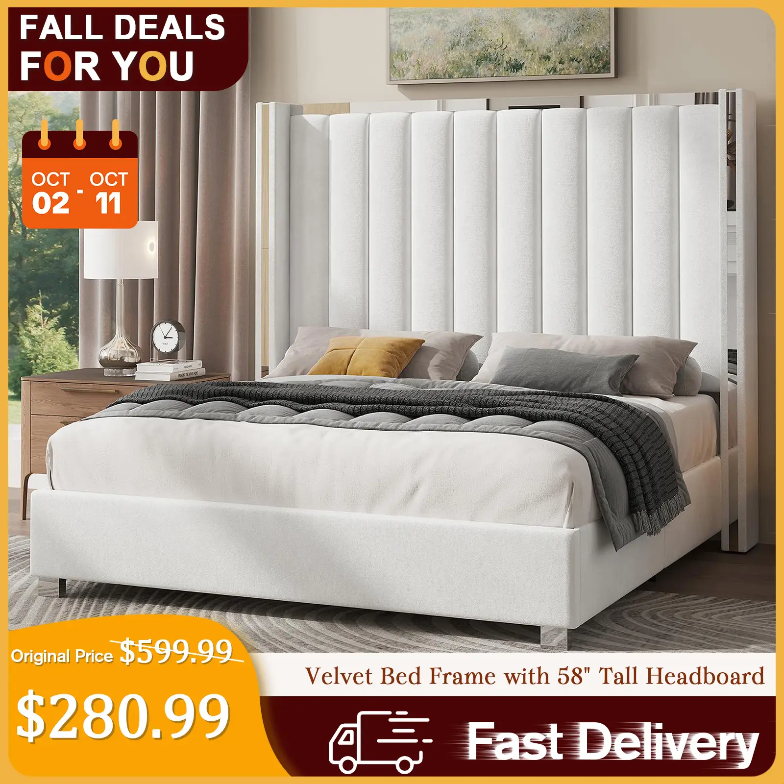 [TikTokShopfalldealsforyou]Amerlife Bed Frame 58" Tall Headboard with Channel Tufted Wingback Design, Velvet Upholstered Platform, No Box Spring Neede