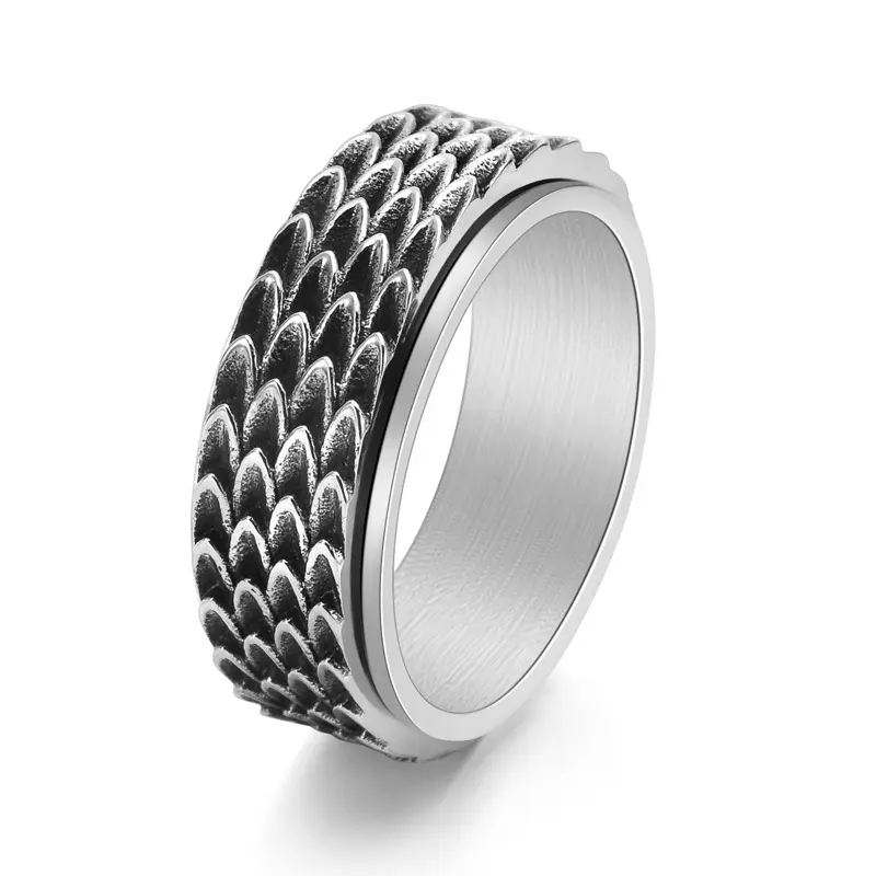 Dragon Scale Spinner Ring for Men & Women, Gold-Tone Steel Rotating Wide Band Ring, Textured Fantasy Gothic Interactive Fashion Jewelry